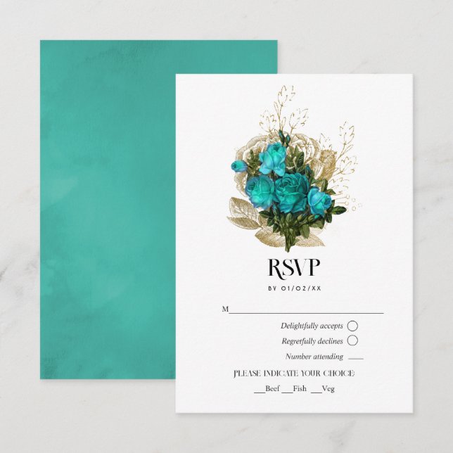 Vintage Turquoise and Gold Wedding RSVP Card (Front/Back)