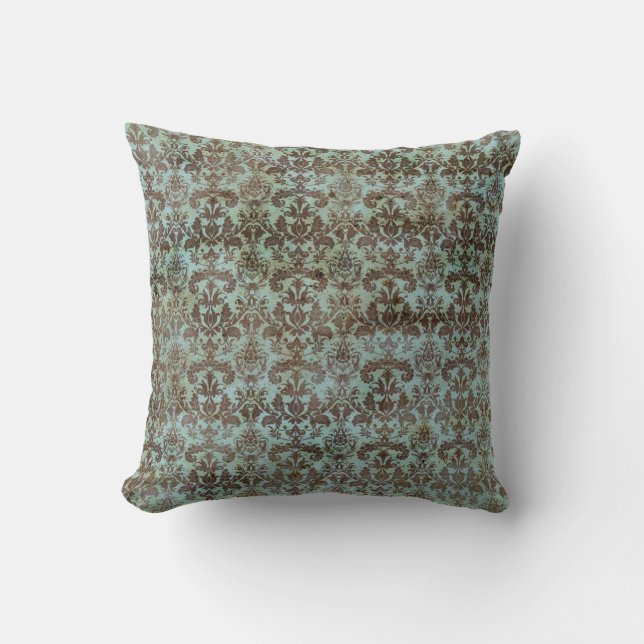 Vintage Turquoise Blue Brown Damask Pattern Cushion (Front)