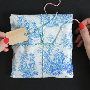 Vintage Turquoise Blue Floral Toile de Jouy Wrapping Paper Sheet
