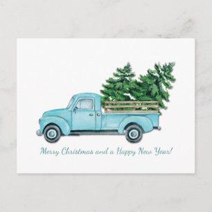 Vintage Turquoise Blue Truck with Christmas Trees Announcement Postcard
