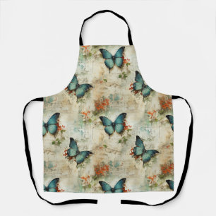 Vintage Turquoise Butterflies Rustic Floral Apron