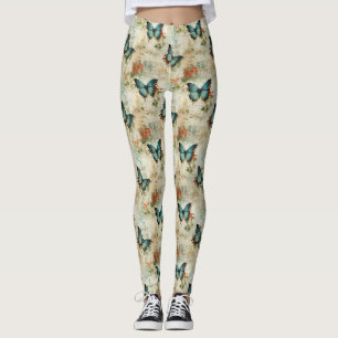 Vintage Turquoise Butterflies Rustic Floral Leggings