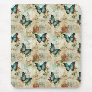Vintage Turquoise Butterflies Rustic Floral Mouse Mat