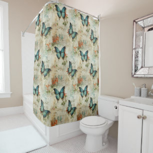 Vintage Turquoise Butterflies Rustic Floral Shower Curtain