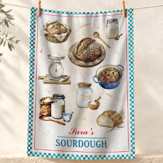 Vintage turquoise chequered trim sourdough bread tea towel