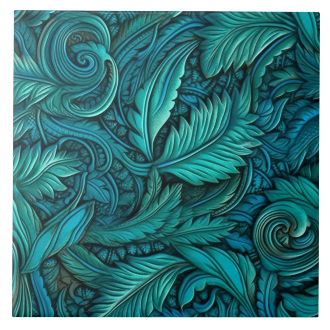 Vintage Turquoise Embossed leather Tile (Front)