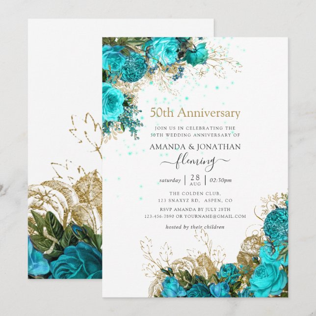 Vintage Turquoise & Gold 50th Wedding Anniversary Invitation (Front/Back)