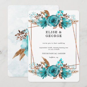 Vintage Turquoise Gold Peony Geometric Wedding Inv Invitation