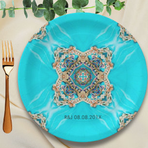 vintage turquoise pattern bohemian wedding favour paper plate