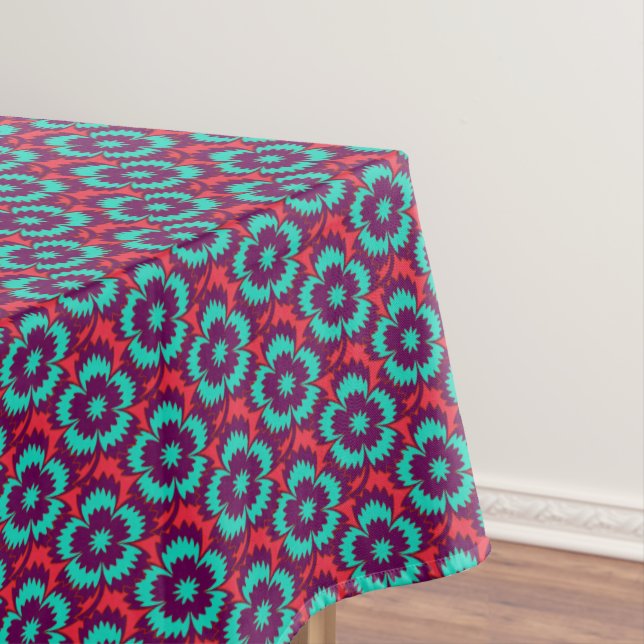 Vintage turquoise red floral Dianthus Barbatus Tablecloth (In Situ)