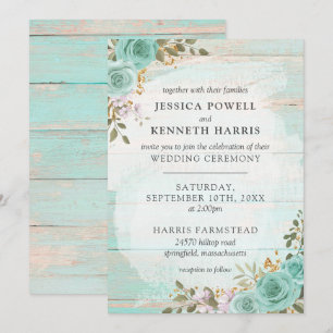 Vintage Turquoise Rustic Wood Floral Roses Wedding Invitation
