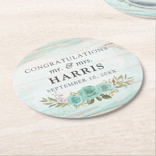 Vintage Turquoise Rustic Wood Floral Roses Wedding Round Paper Coaster