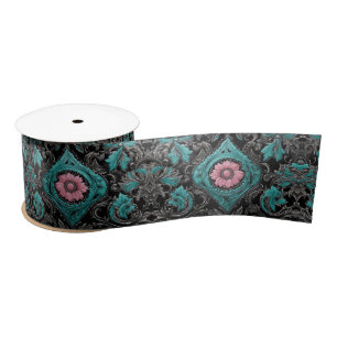 Vintage Turquoise Teal Pink Western Country Floral Satin Ribbon