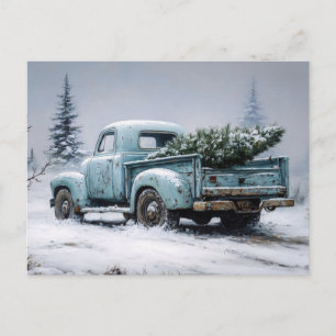 Vintage Turquoise Truck with Christmas Tree Postcard