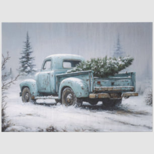 Vintage Turquoise Truck with Christmas Tree Tissue Paper