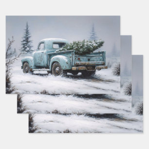 Vintage Turquoise Truck with Christmas Tree Wrapping Paper Sheet