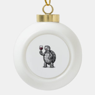 Vintage Turtle Holding Wine Glass Shirt Design_1 Ceramic Ball Christmas Ornament