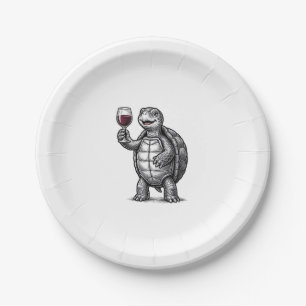 Vintage Turtle Holding Wine Glass Shirt Design_1 Paper Plate