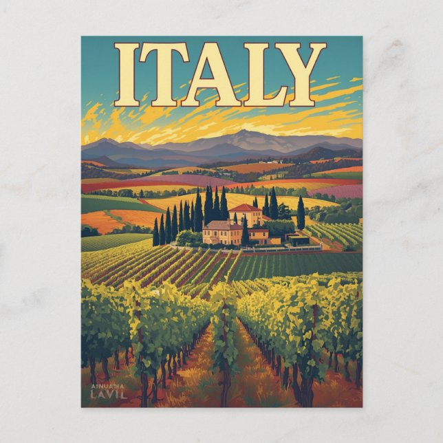 Vintage Tuscany Vineyard Travel Poster Postcard (Front)