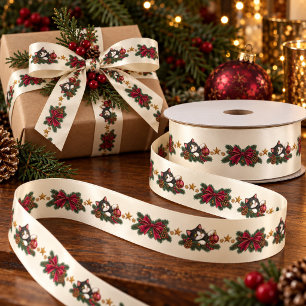 Vintage Tuxedo Cat Christmas Grosgrain Ribbon Satin Ribbon
