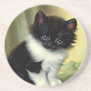 Vintage Tuxedo Kitten Illustration Coaster
