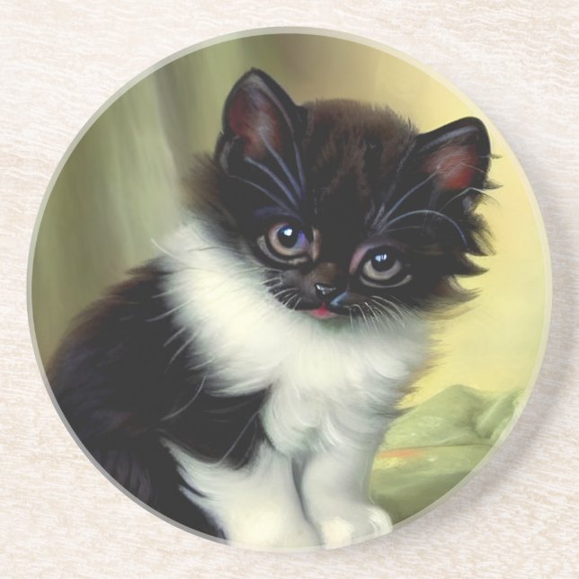 Vintage Tuxedo Kitten Illustration Coaster (Front)