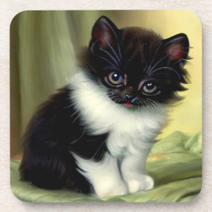 Vintage Tuxedo Kitten Illustration Coaster