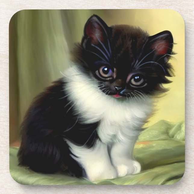 Vintage Tuxedo Kitten Illustration Coaster (Front)