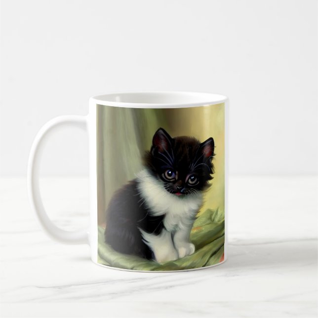 Vintage Tuxedo Kitten Illustration Coffee Mug (Left)