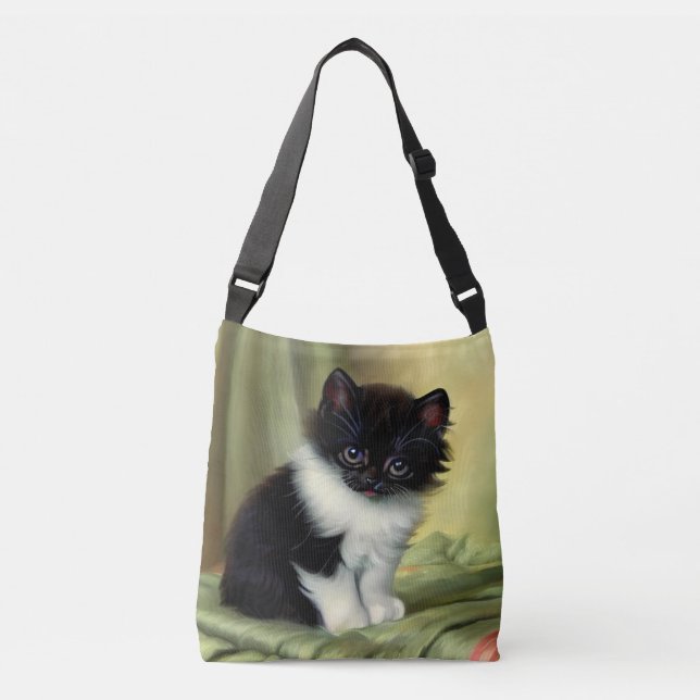 Vintage Tuxedo Kitten Illustration Crossbody Bag (Front)