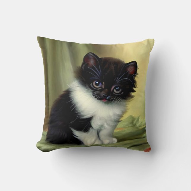 Vintage Tuxedo Kitten Illustration Cushion (Front)