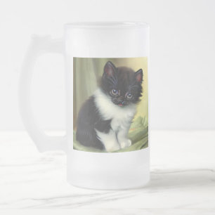 Vintage Tuxedo Kitten Illustration Frosted Glass Beer Mug