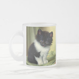 Vintage Tuxedo Kitten Illustration Frosted Glass Coffee Mug