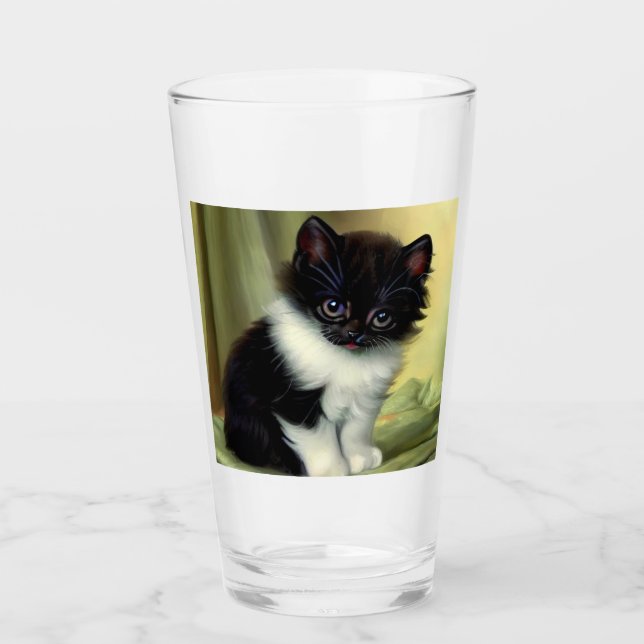 Vintage Tuxedo Kitten Illustration Glass (Front)