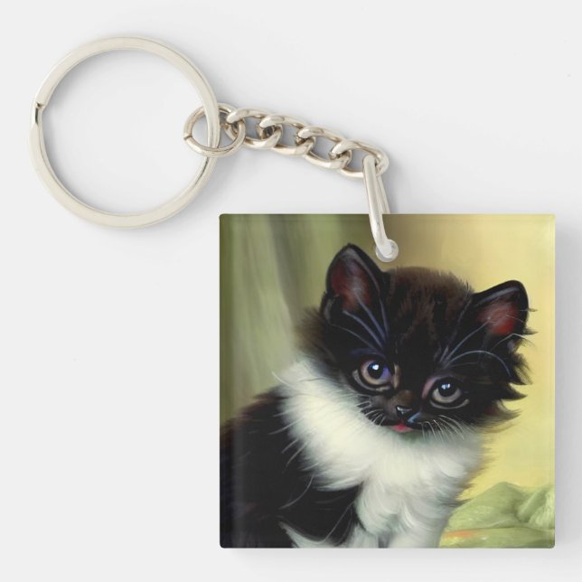 Vintage Tuxedo Kitten Illustration Key Ring (Front)