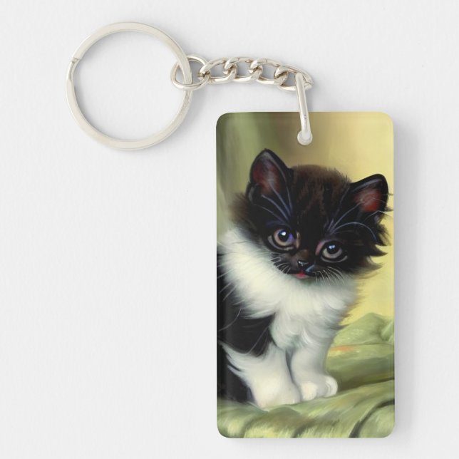 Vintage Tuxedo Kitten Illustration Key Ring (Front)