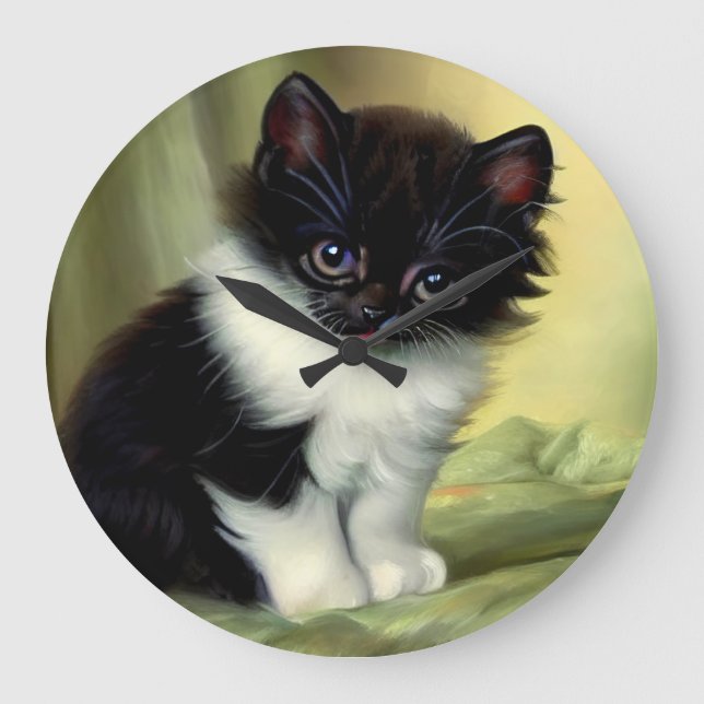 Vintage Tuxedo Kitten Illustration Large Clock (Front)