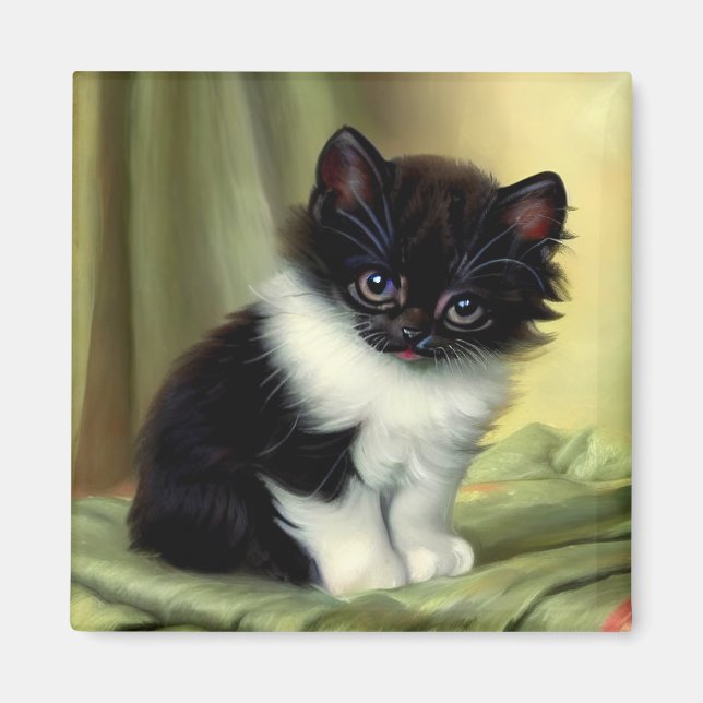 Vintage Tuxedo Kitten Illustration Magnet (Front)