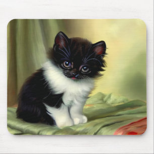 Vintage Tuxedo Kitten Illustration Mouse Mat