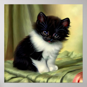 Vintage Tuxedo Kitten Illustration Poster