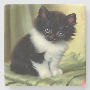 Vintage Tuxedo Kitten Illustration Stone Coaster