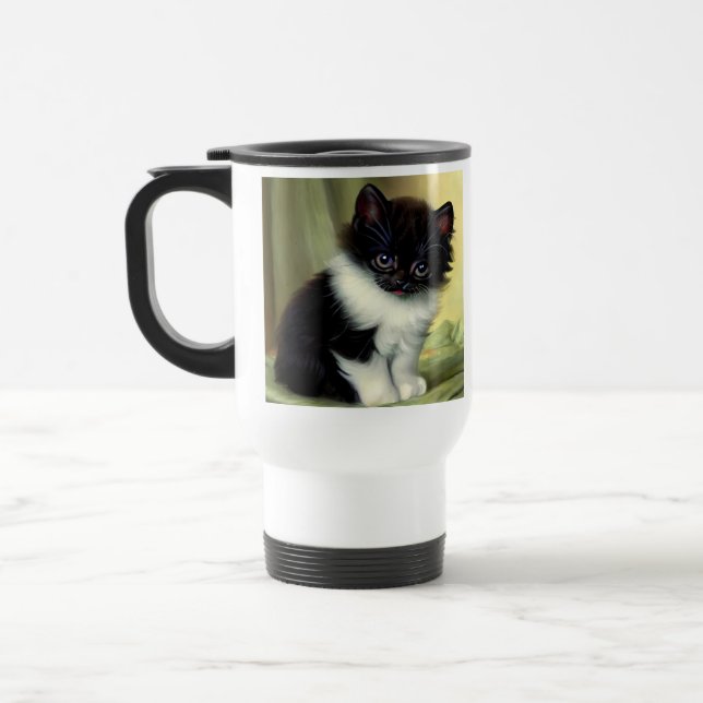 Vintage Tuxedo Kitten Illustration Travel Mug (Left)
