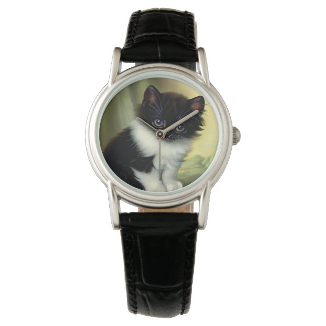 Vintage Tuxedo Kitten Illustration Watch (Front)