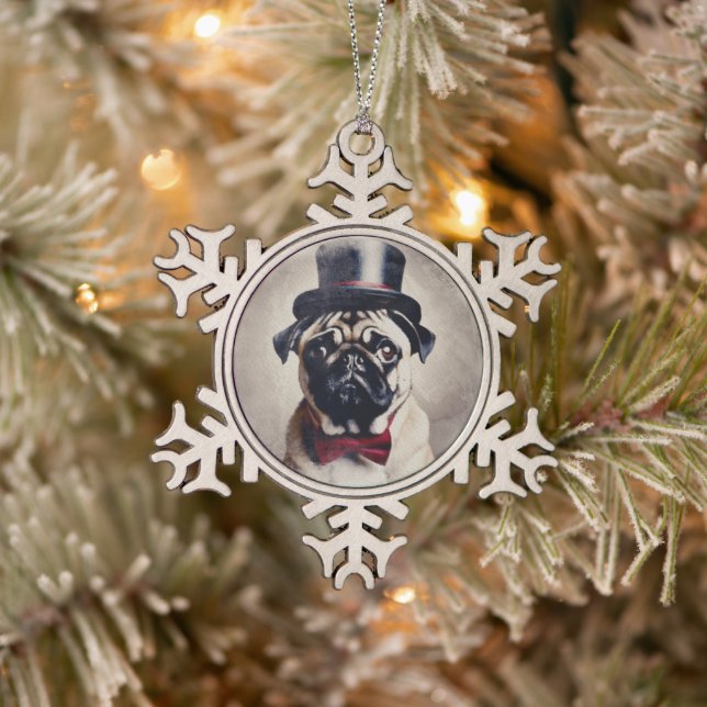 Vintage Tuxedo Pug Snowflake Pewter Christmas Ornament (Tree)