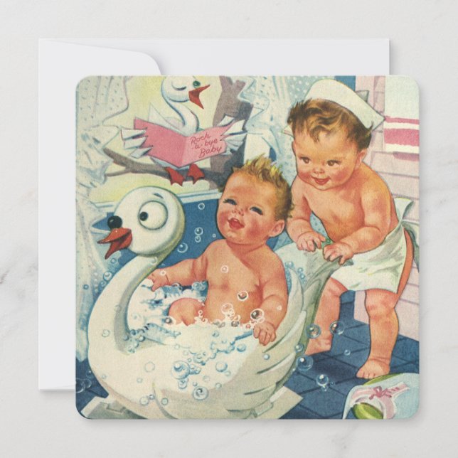 Vintage Twin Boy Swan Bubble Bath Baby Shower Invitation (Front)