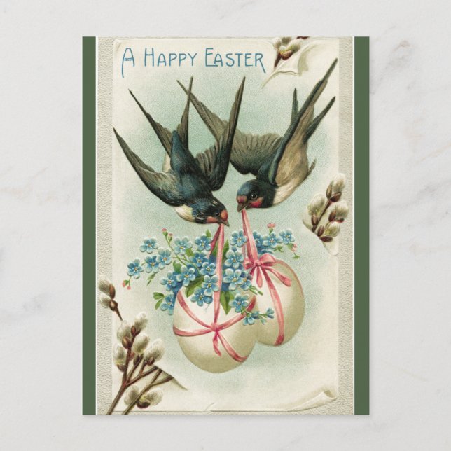 Vintage Two Birds Carrying Easter Eggs Postcard (Front)
