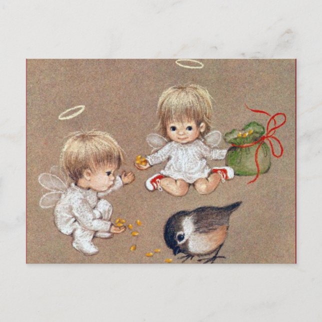 Vintage Two Christmas Angels Feeding Birds Holiday Postcard (Front)