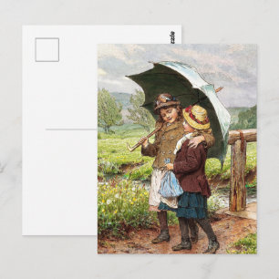 Vintage Two Girls Under an Umbrella    Postcard