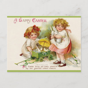 Vintage Two Girls With Bunnies and Chicks Easter Postcard