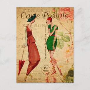 Vintage Two Women Talking and Joking Floral French Postcard